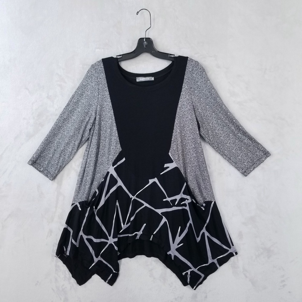 Alembika Asymmetrical‎ Tunic Mixed Print Black Pockets Eclectic Artsy Women M 2